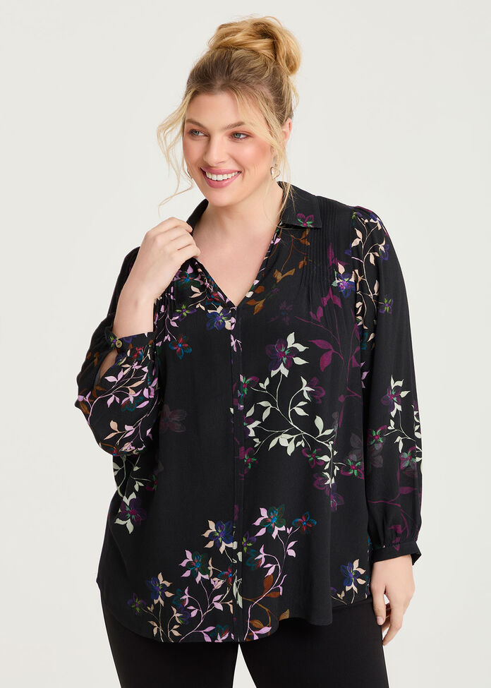 Collared Pintuck Floral Top, , hi-res