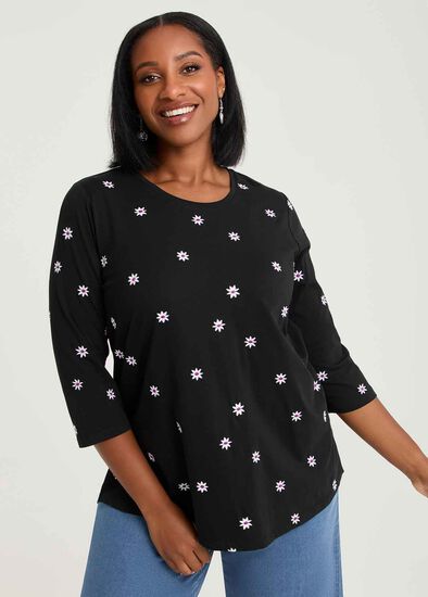 Plus Size Cotton Embroidery Daisy T-shirt