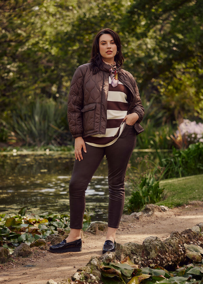 Shop Plus Size Coated Denim Slim Leg Jean in Brown Sizes 1230