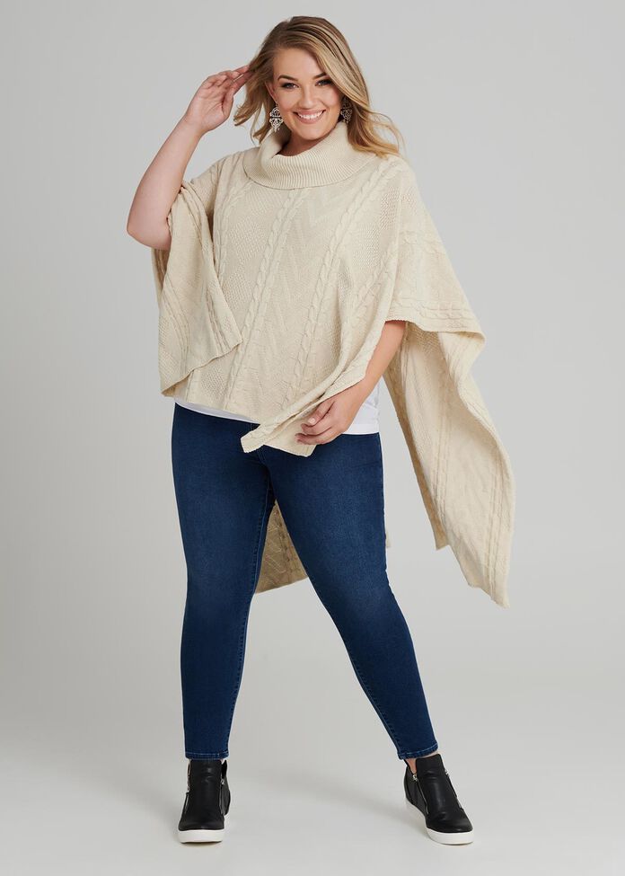 Cable Knit Cowl Neck Poncho, , hi-res
