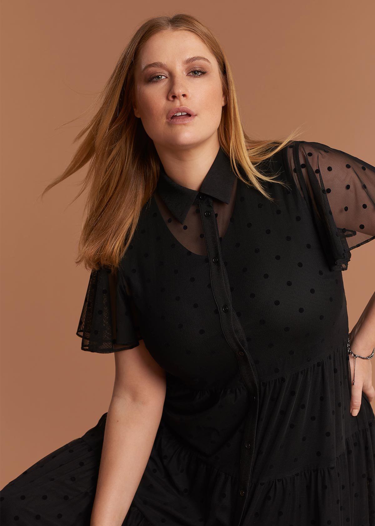 Shop Plus Size Short Sleeve Spot Mesh Dress in Black Taking Shape AU