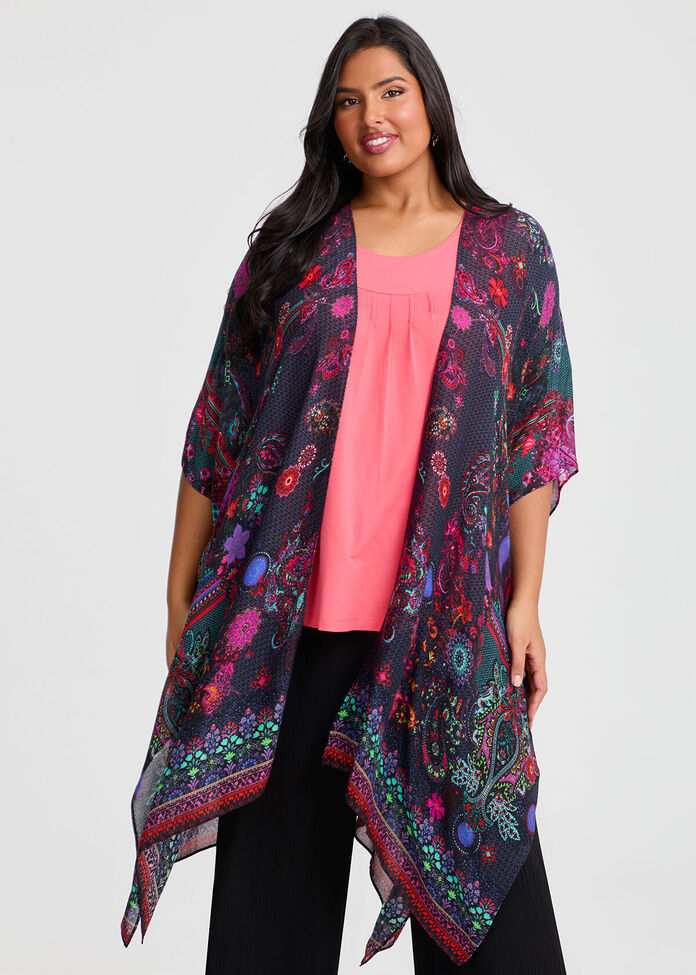 Paisley Print Cape Kimono, , hi-res