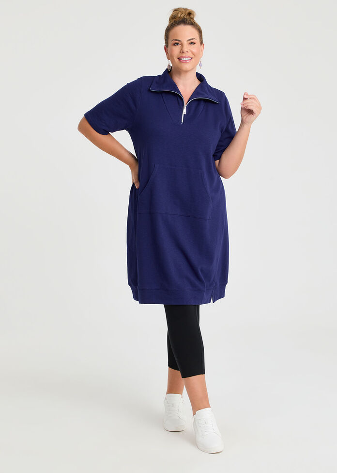 Zip Collar Short Sleeve Sweat Dress, , hi-res