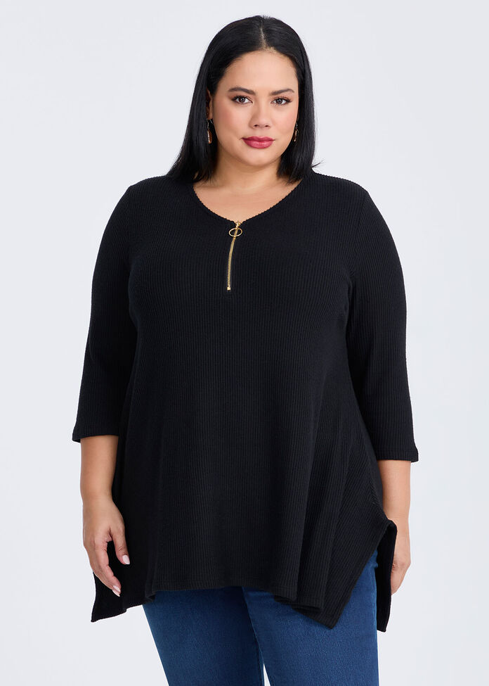 Ribbed Zip Neck Top, , hi-res