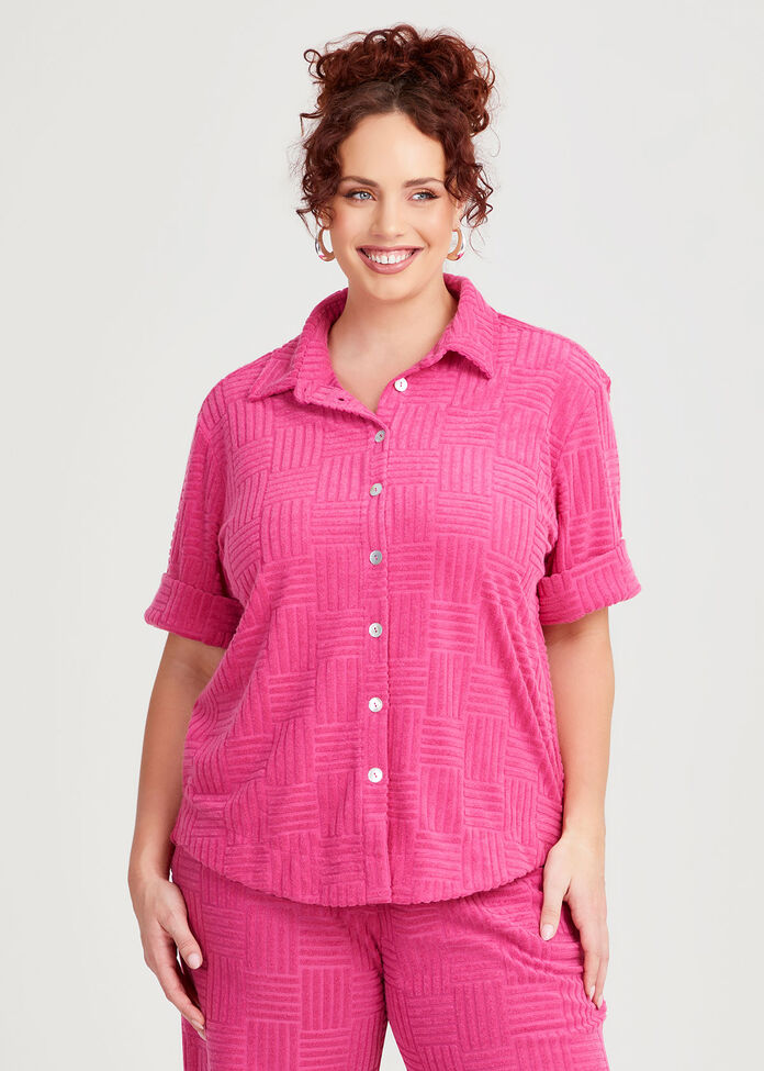 Casual Terry Button Up Shirt, RASPBERRY ROSE, hi-res