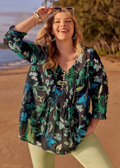 Plus Size Cotton Summer Floral Pintuck Top