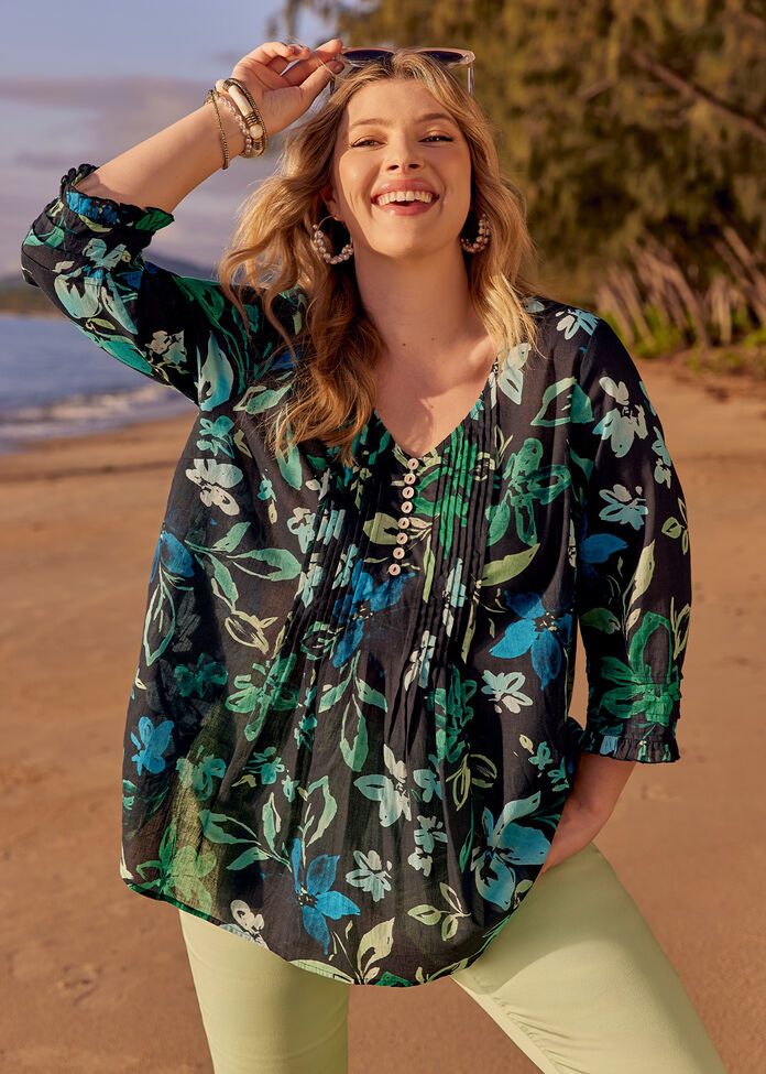 Cotton Summer Floral Pintuck Top, , hi-res