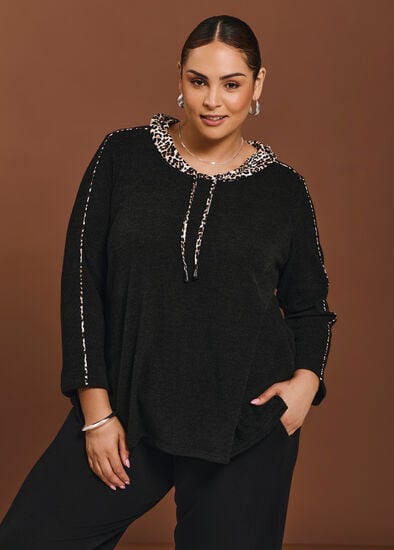 Plus Size Waffle Snug & Leopard Trim Top