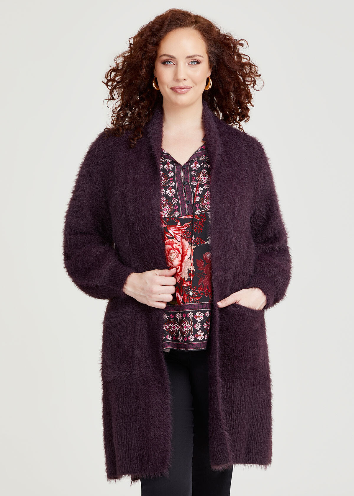 Shop Plus Size Fluffy Knit Cosy Cardigan in Red Taking Shape UK