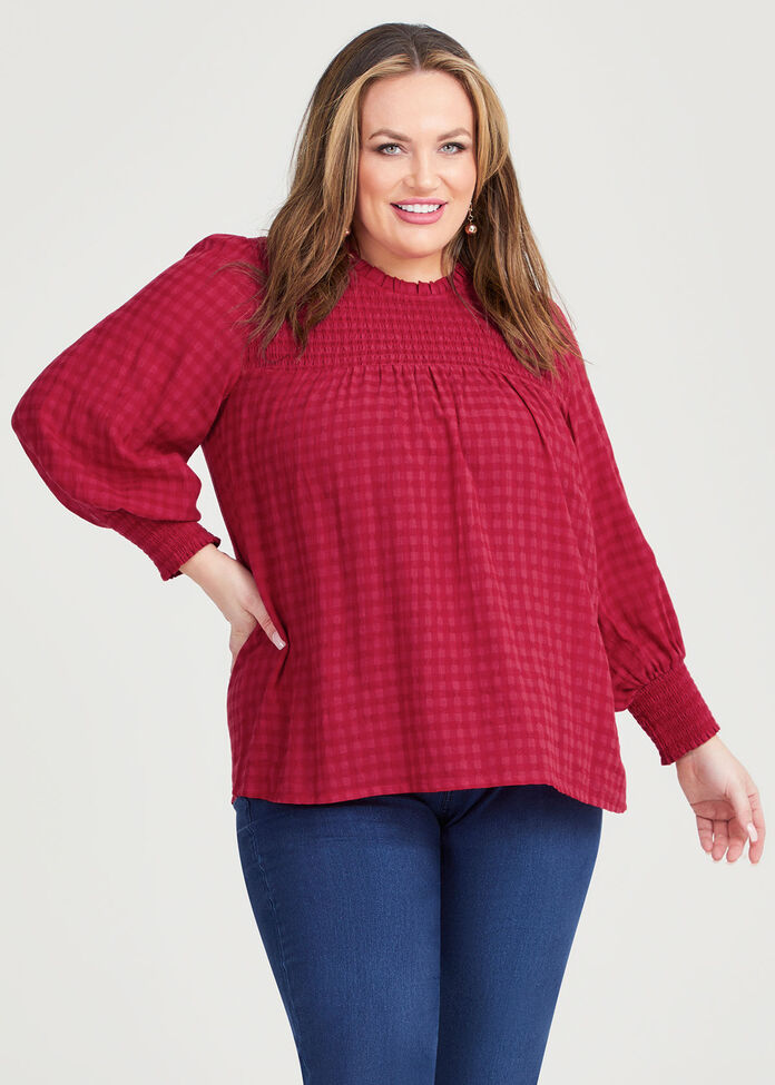 Cotton Mix Shirred Gingham Top, , hi-res