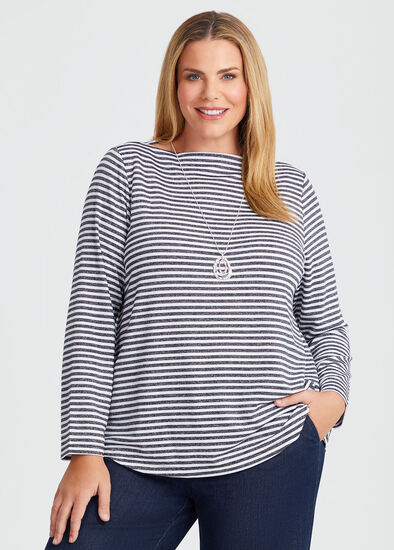 Plus Size Lurex Stripe Boat Neck Top