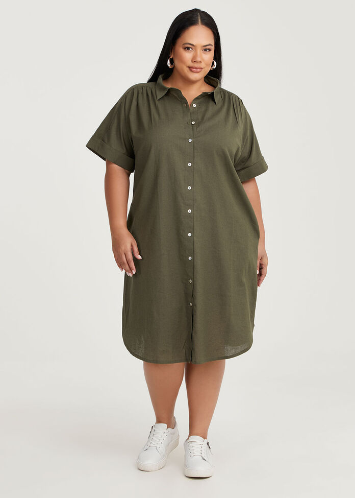 Plus Size Cotton Linen Shirt Dress in Olive Taking Shape AU