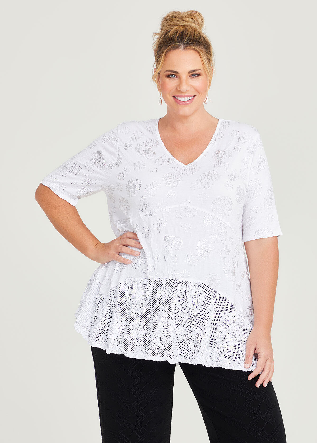 Shop Plus Size Mesh Overlay Foil Bamboo Top in White Taking Shape AU
