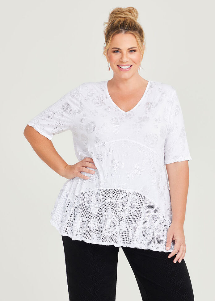 Shop Plus Size Mesh Overlay Foil Bamboo Top in White | Taking Shape AU