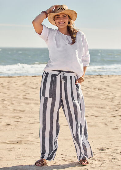Plus Size Lyocell Linen Stripe Wide Leg Pant