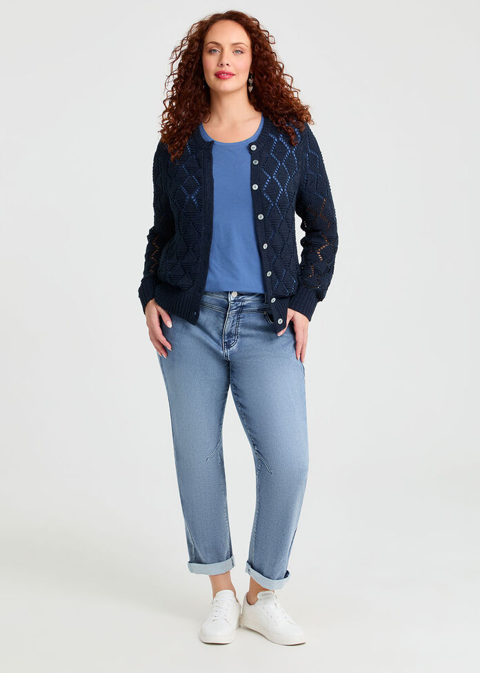Cotton Blend Open Knit Cardigan, , hi-res
