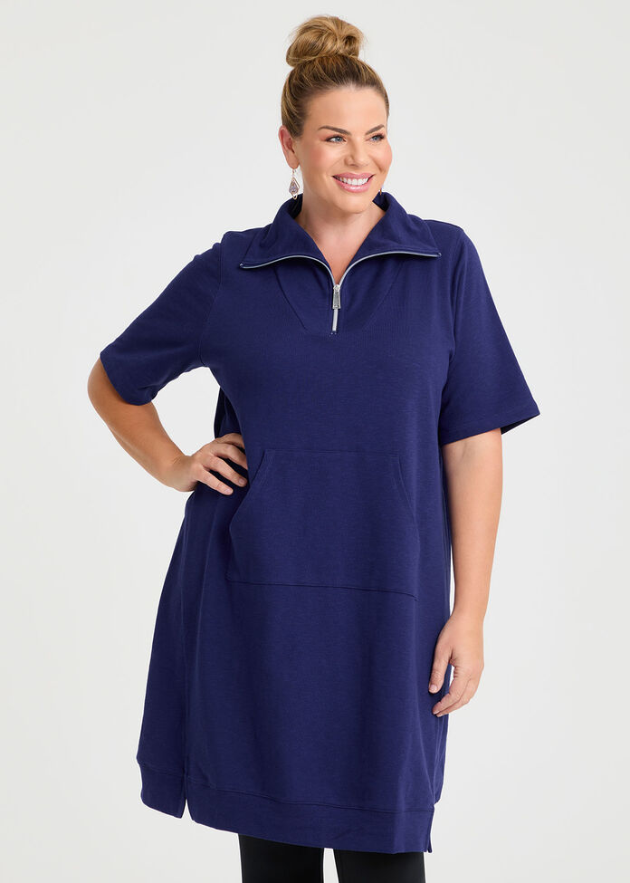 Zip Collar Short Sleeve Sweat Dress, , hi-res