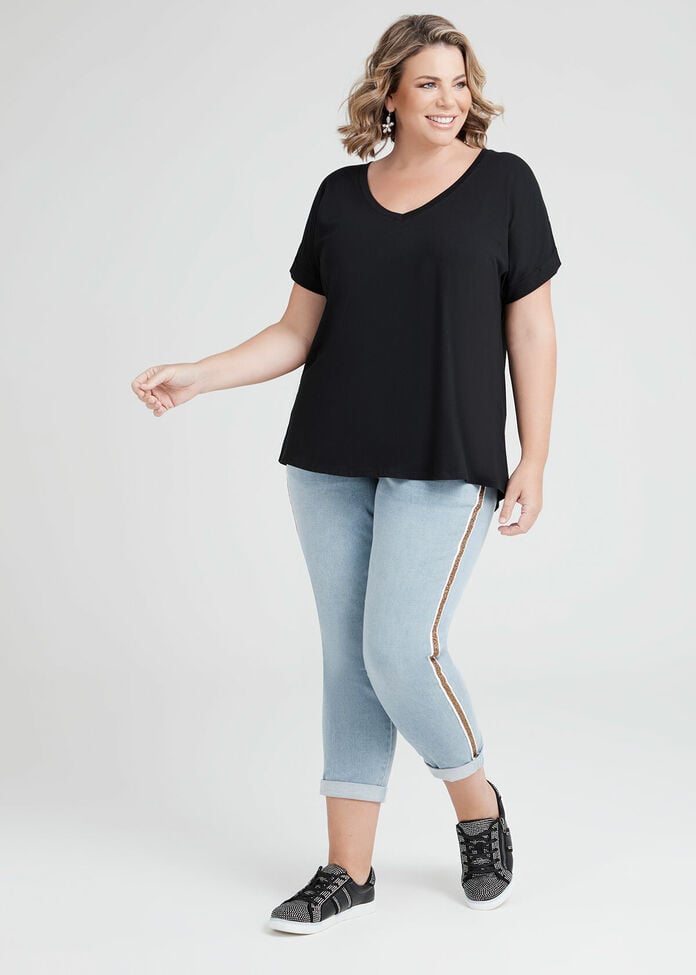 Organic Cuff V-neck Basic Tee, , hi-res