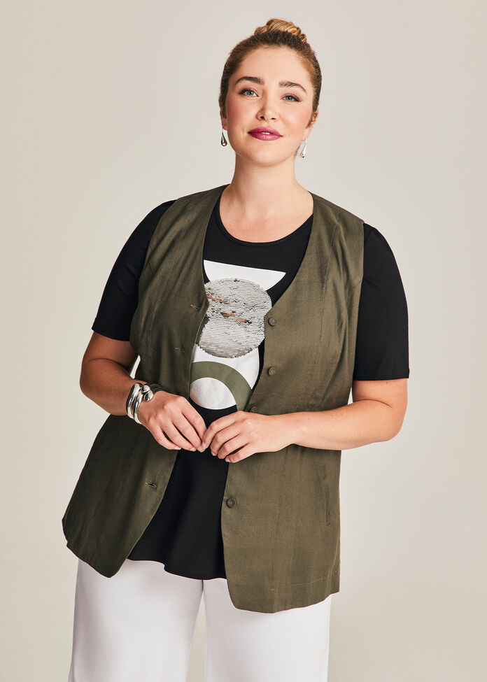 Stretch Linen Button Front Vest, , hi-res
