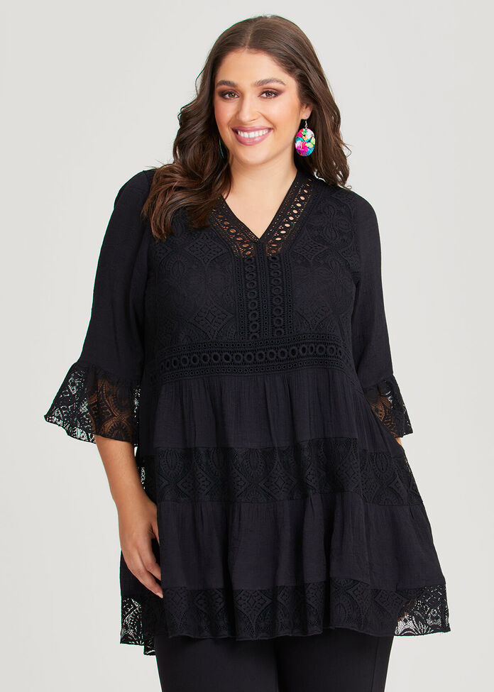 Shop Plus Size Lace Trim Tiered Tunic in Black | Taking Shape AU