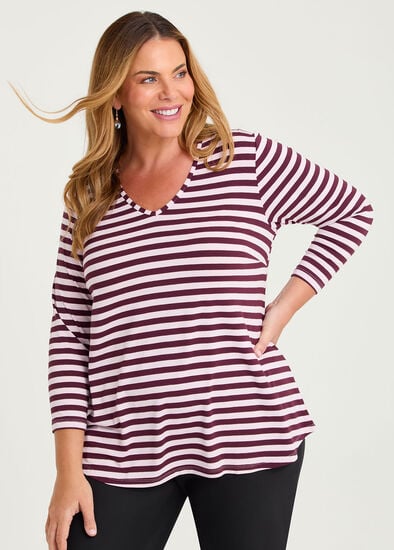 Plus Size Natural Stripe 3/4 Sleeve T-shirt