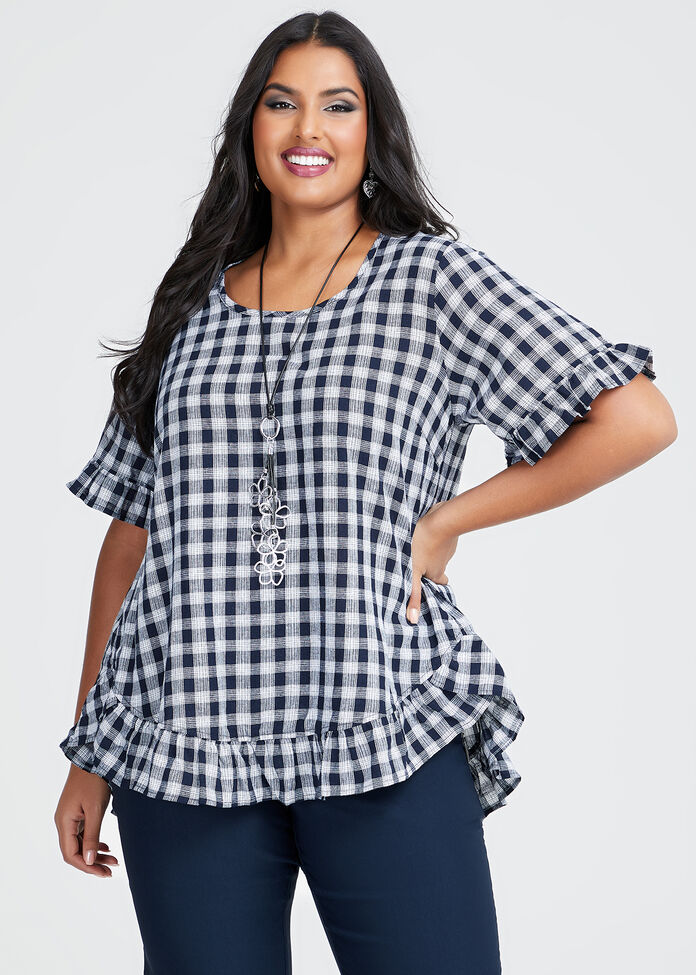 Shop Plus Size Natural Check Ruffle Top in Blue | Taking Shape AU