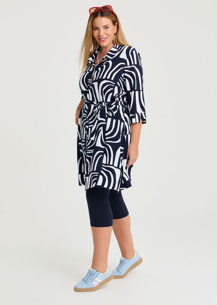Belt Detail Long Natural Shirt, PRINT, hi-res