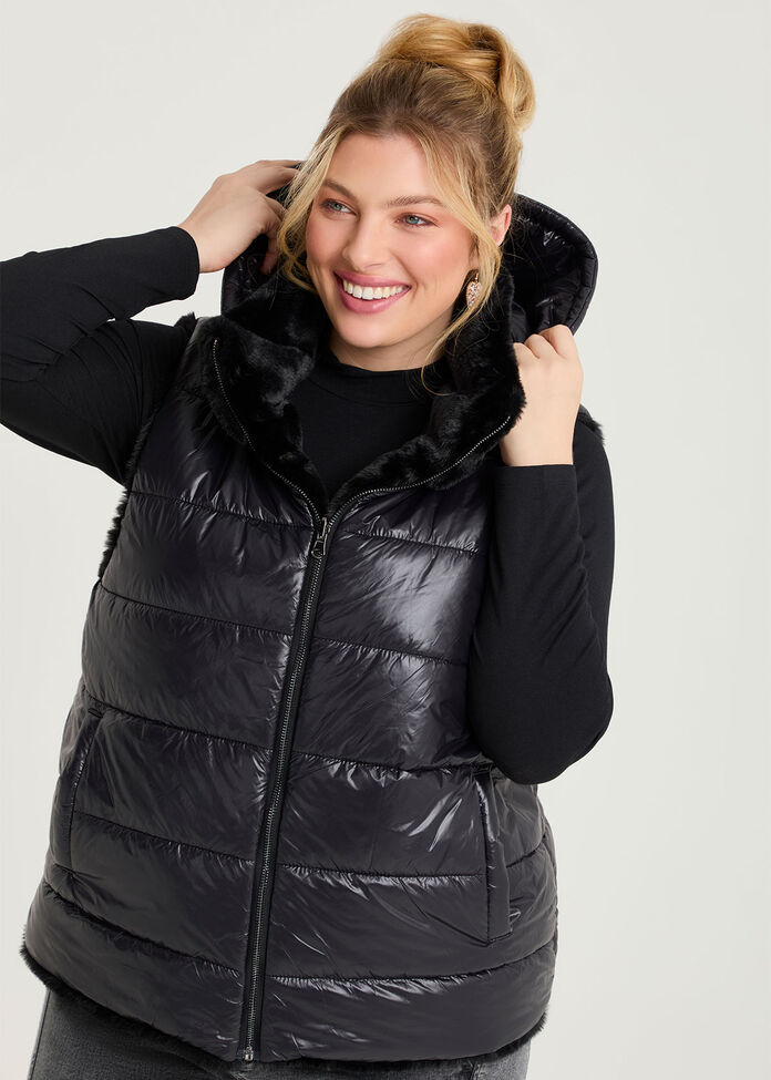 Reversible Faux Fur Hooded Vest, , hi-res