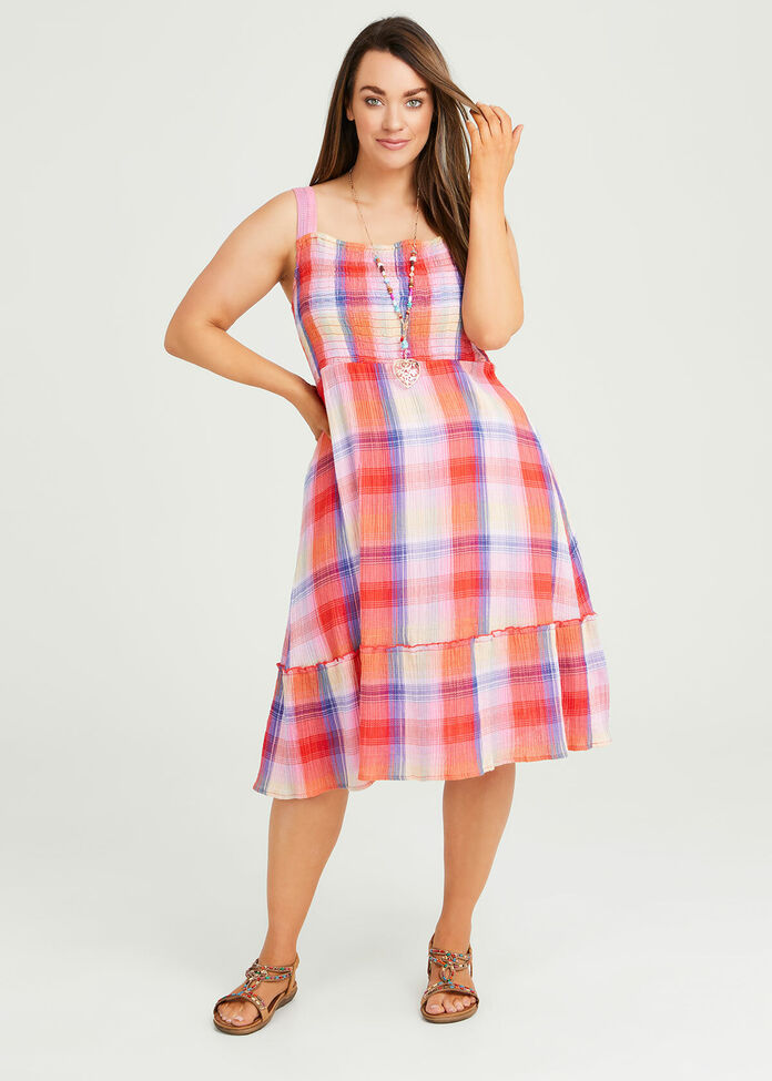 Shop Plus Size Cotton Shirred Check Dress in Multi | Sizes 12-30 ...