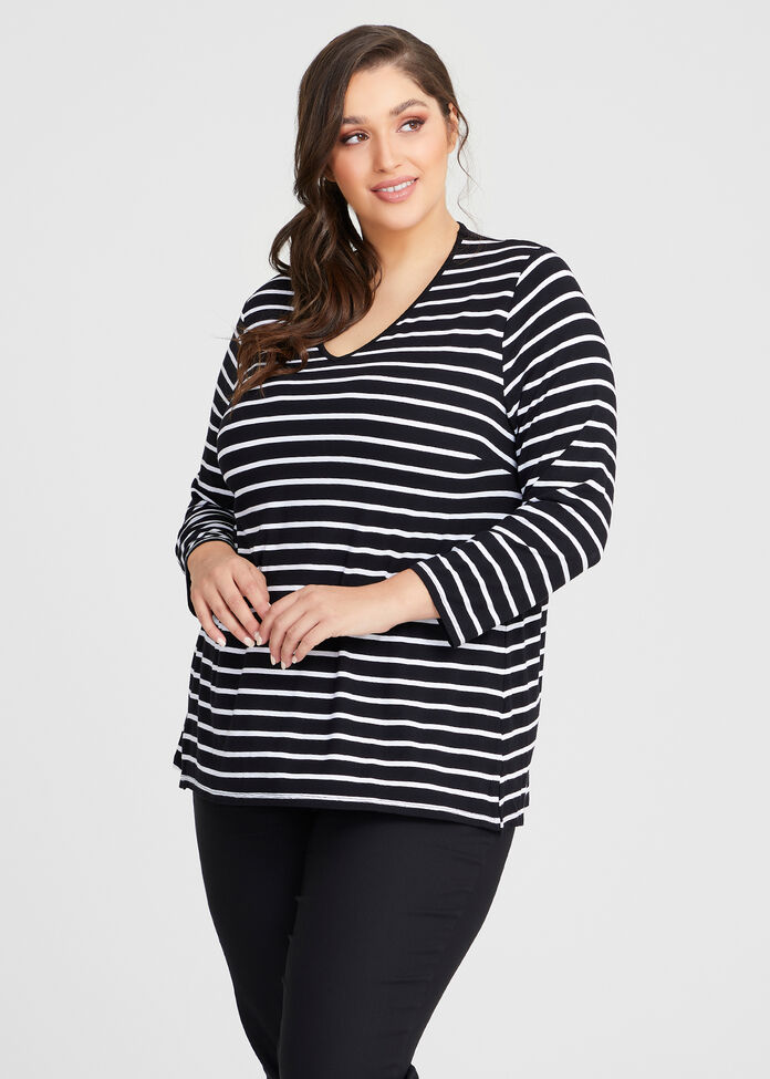 Shop Plus Size Bamboo Stripe V-neck Long Sleeve Day Top in Black ...