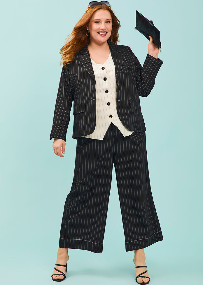 Shop Plus Size Pinstripe Wide Leg Culotte Pant, Black Taking