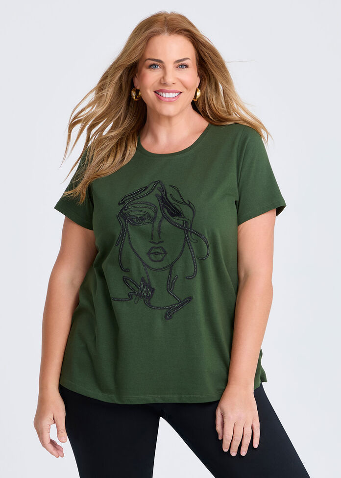Cotton Face Embroidery T-shirt, , hi-res
