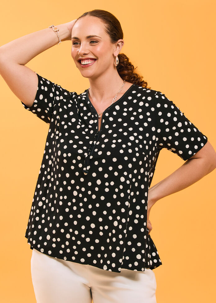 Zip Neck Polka Dot Natural Top, , hi-res