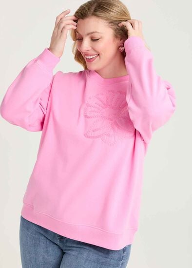Plus Size Cotton Flower Applique Sweatshirt