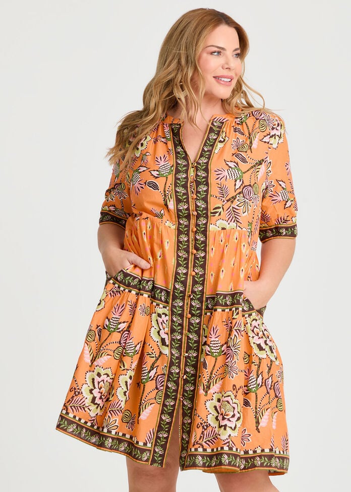 Cotton Border Trim Tiered Dress, , hi-res