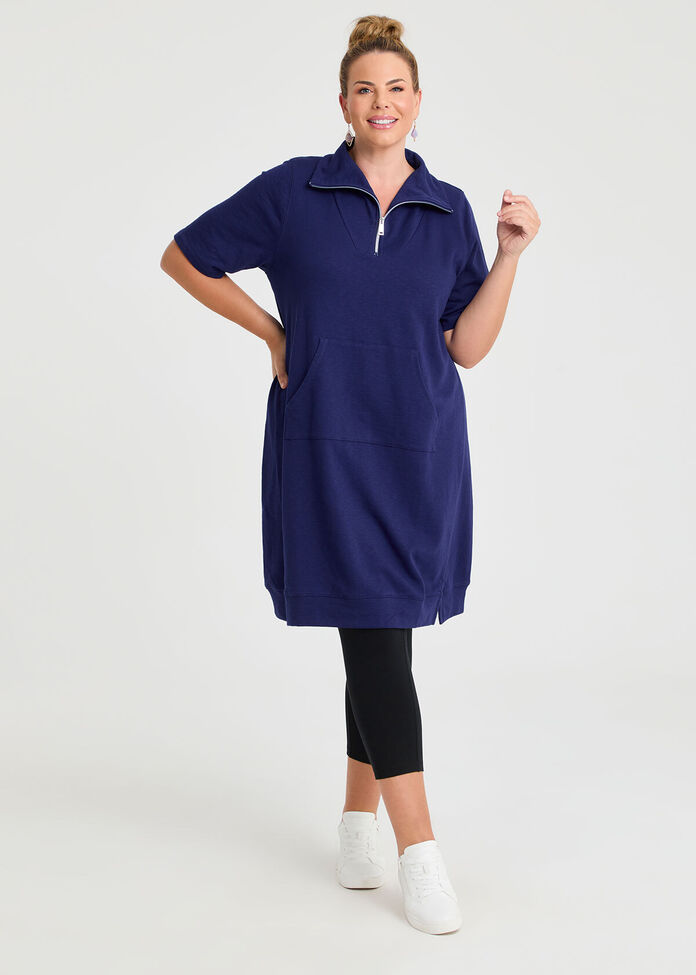Zip Collar Short Sleeve Sweat Dress, , hi-res