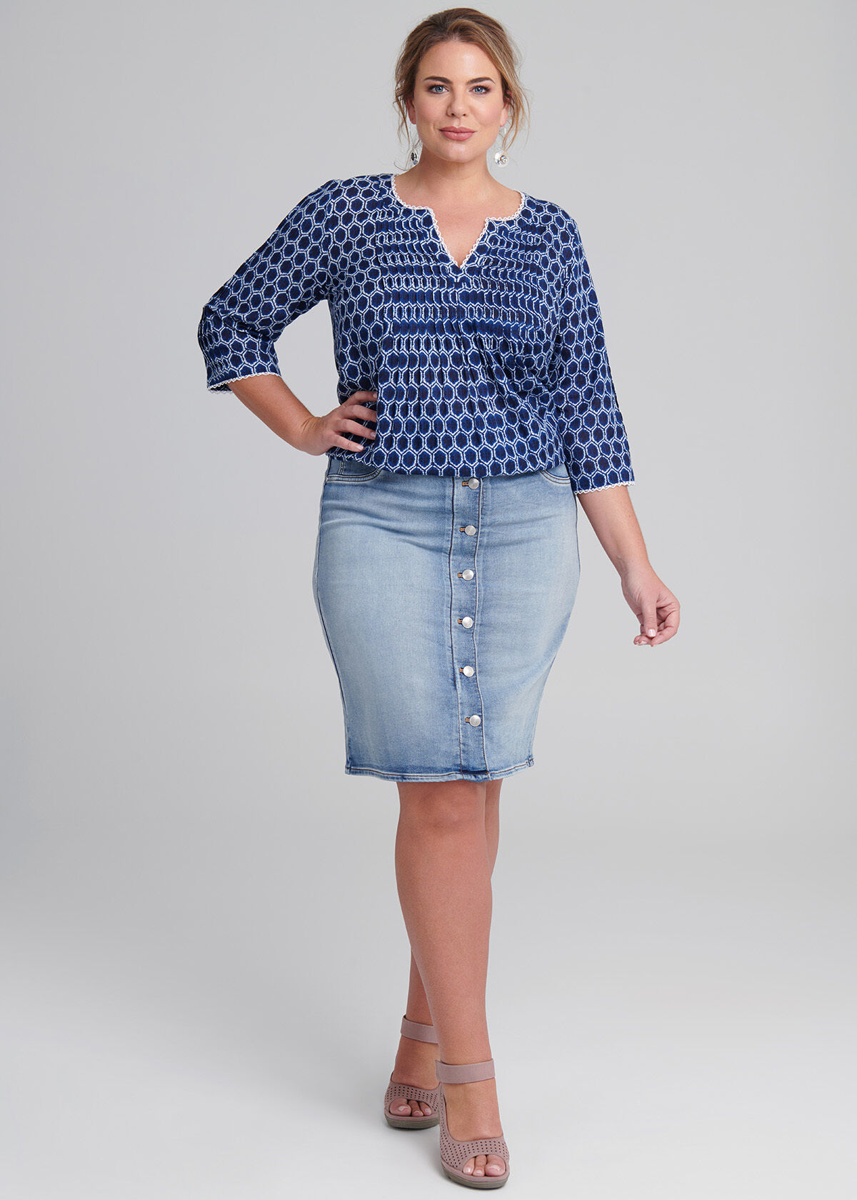Shop Plus Size Button Denim Skirt in Blue Taking Shape AU
