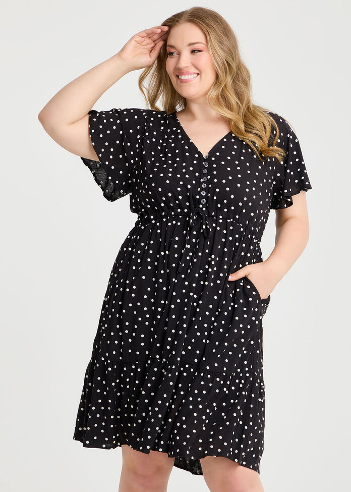 Natural V Neck Spot Dress, BLACK/WHITE, hi-res