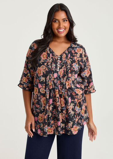 Plus Size Cotton Winter Floral Pintuck Top