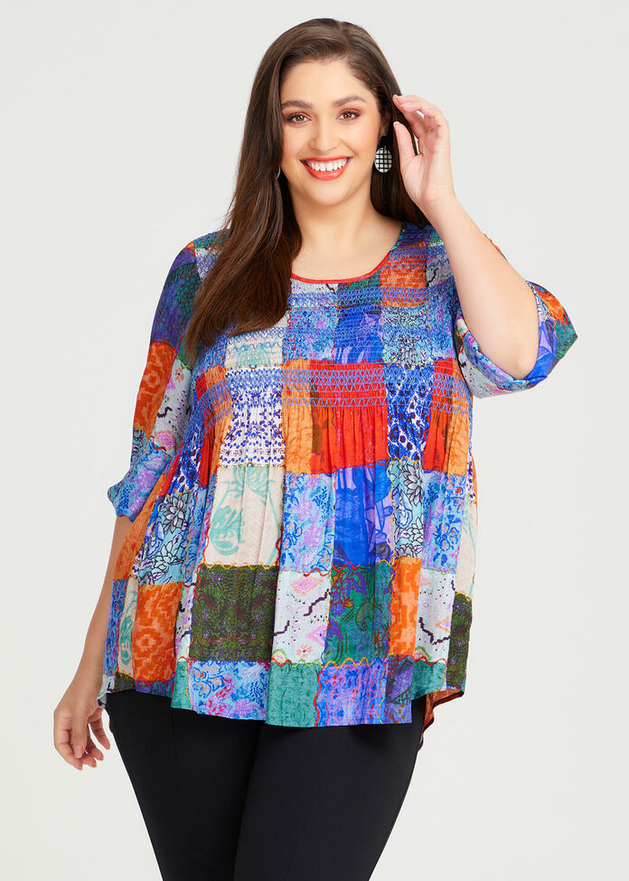 Shop Plus Size Natural Patchwork Shirring Top in Multi | Sizes 12-30 ...