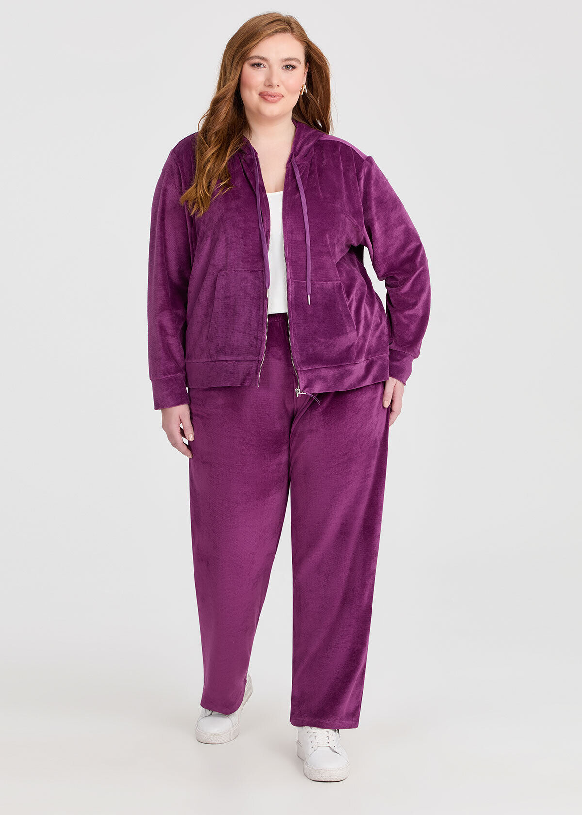 Shop Plus Size Velour Hooded Zip Through Jacket, Purple | Taking