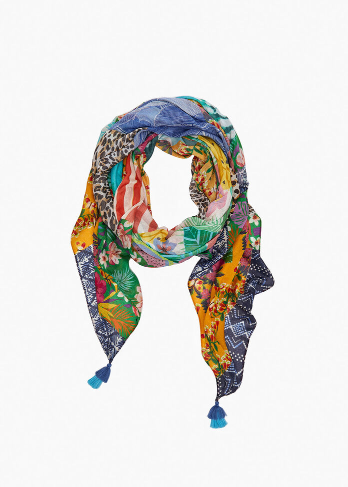 Patchwork Print Tassel Scarf, , hi-res