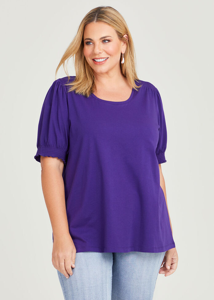 Shop Plus Size Cotton Shirred Puff Sleeve Top in Purple | Sizes 12-30 ...