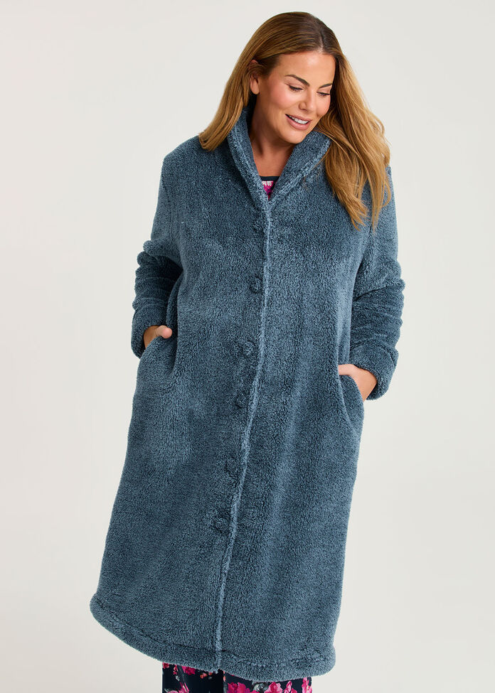 Plush Shawl Button Dressing Gown, , hi-res