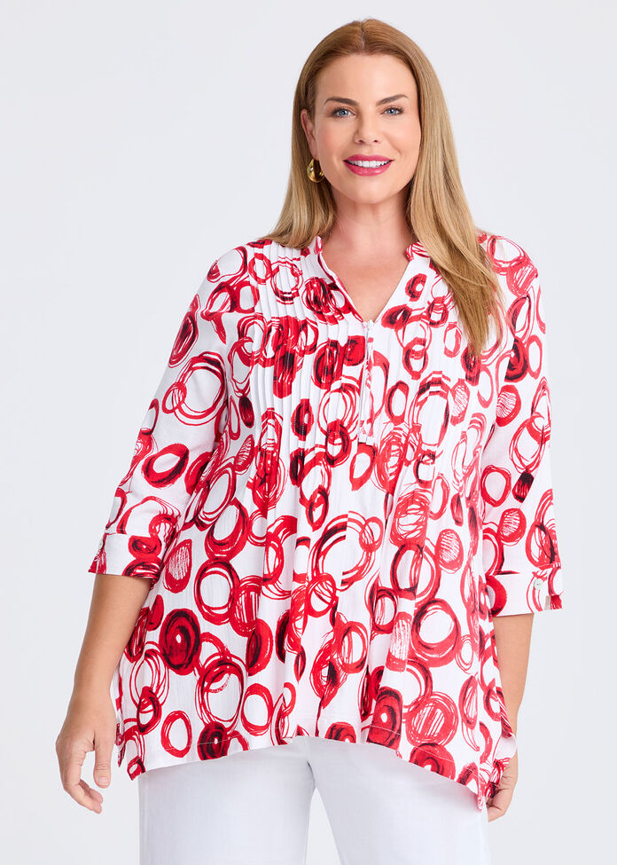Zoe Zip Neck Pintuck Natural Top, , hi-res