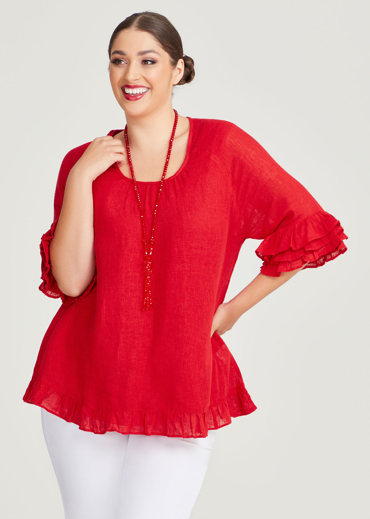 Red ruffle blouse plus size on sale