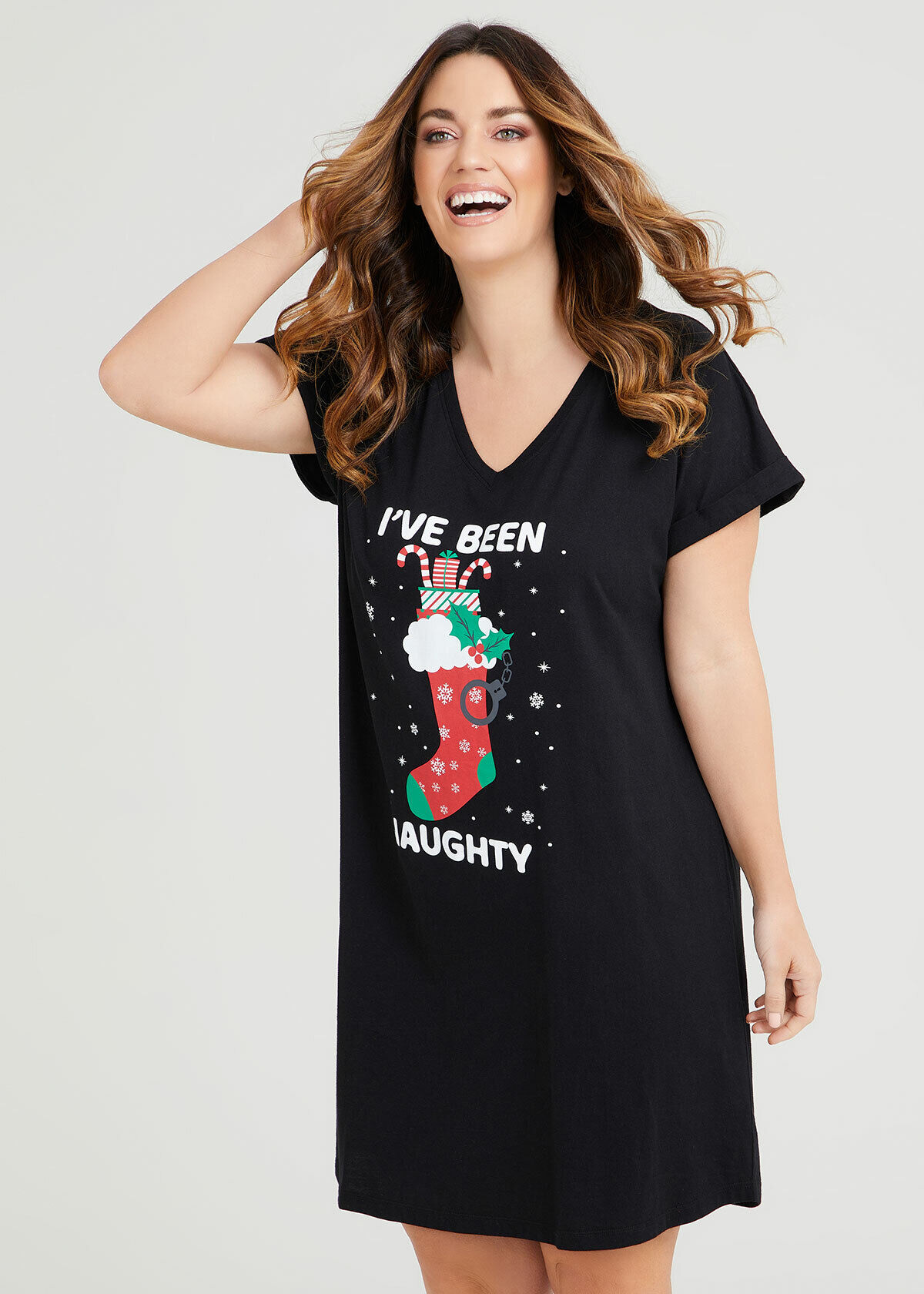 Shop Plus Size Cotton Xmas Naughty Nightie in Black Sizes 12 30