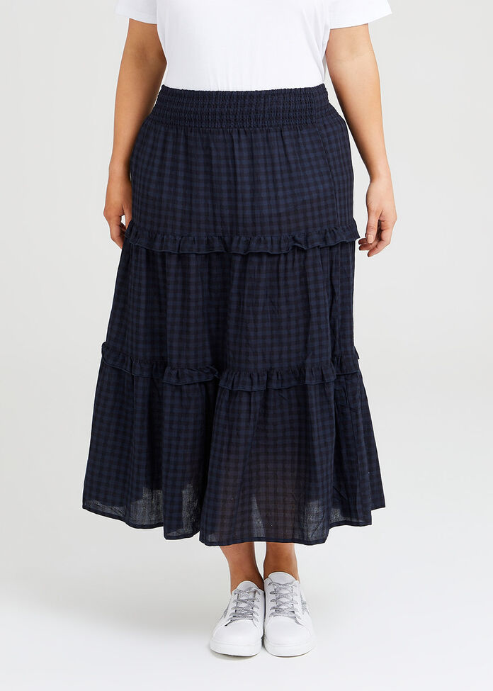Cotton Gingham Tiered Skirt, , hi-res