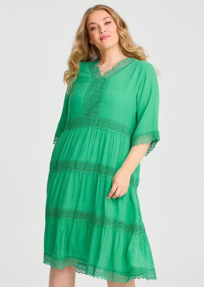 Lace Trim Tiered V-neck Dress, ELECTRIC GREEN, hi-res