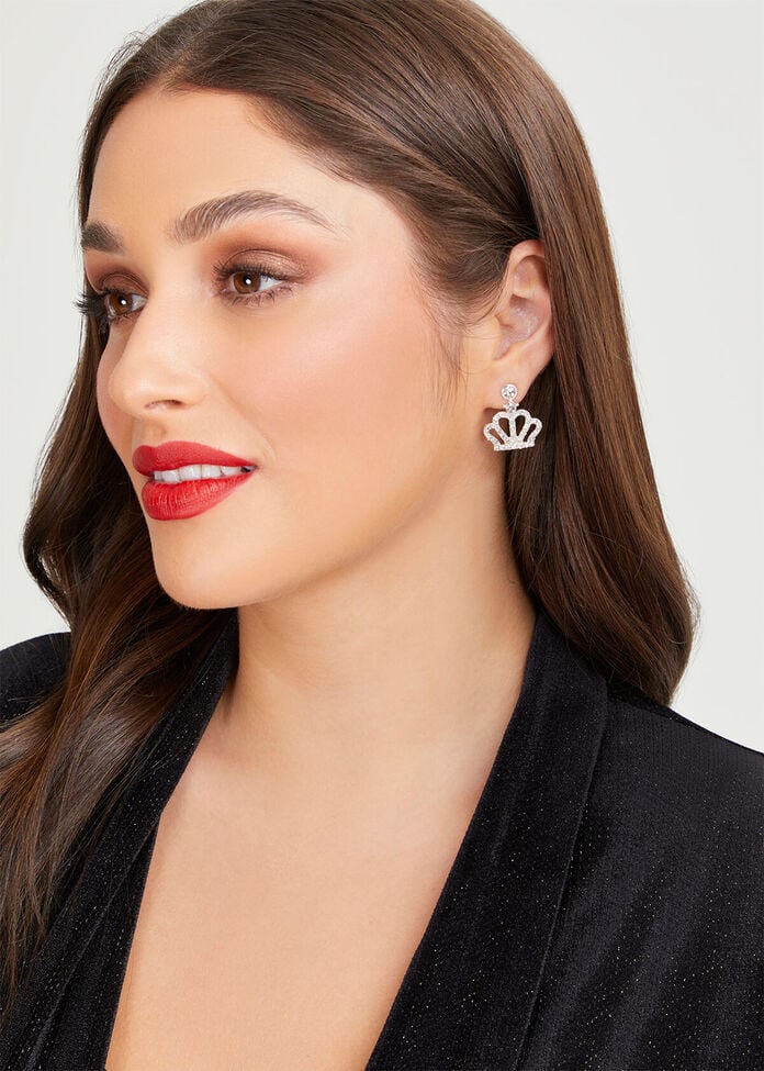 Diamante Crown Earrings, , hi-res
